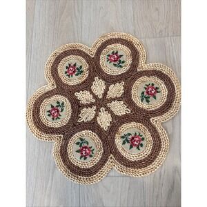 VTG Pink Roses & Wicker Rattan Straw Hot Pads Rug Table Wall Decor 70s 80s